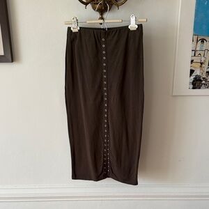 Dark Olive green bodycon midi Skirt with Button Detail